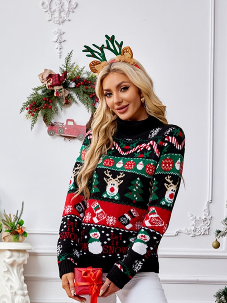 Hochgeschlossener Pullover mit weihnachtlicher Schneemann-Stickerei 