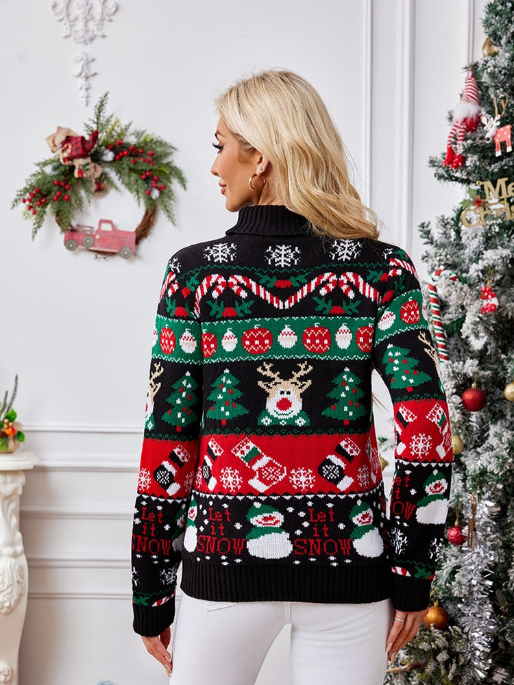 Hochgeschlossener Pullover mit weihnachtlicher Schneemann-Stickerei 