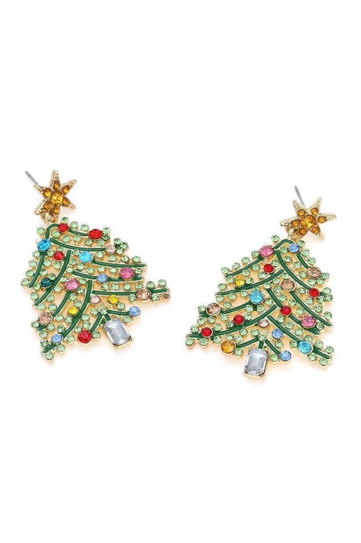 Pendientes colgantes con forma de árbol de Navidad y diamantes de imitación