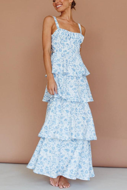 Vestido largo con capas Provence Bloom - Azul floral