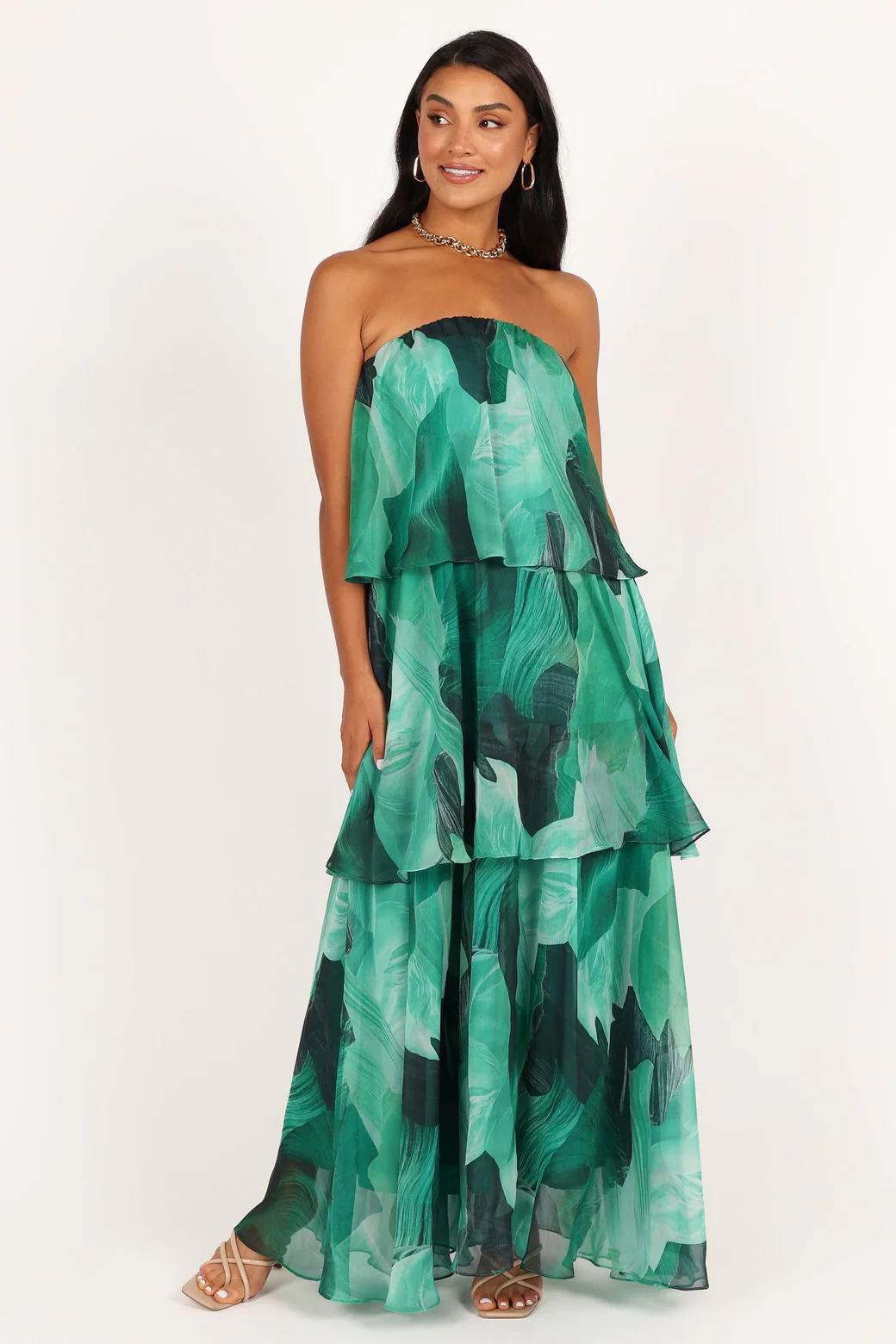 Vestido largo sin tirantes con capas Calista Green Bloom