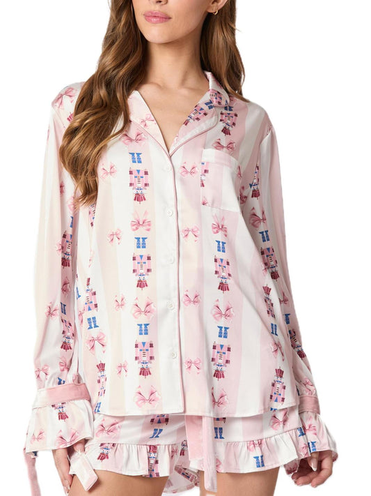 Rosa Pyjama-Set mit Schleife und Manschetten