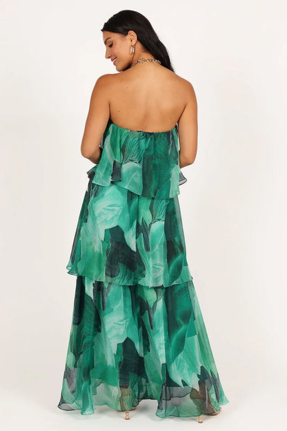 Vestido largo sin tirantes con capas Calista Green Bloom