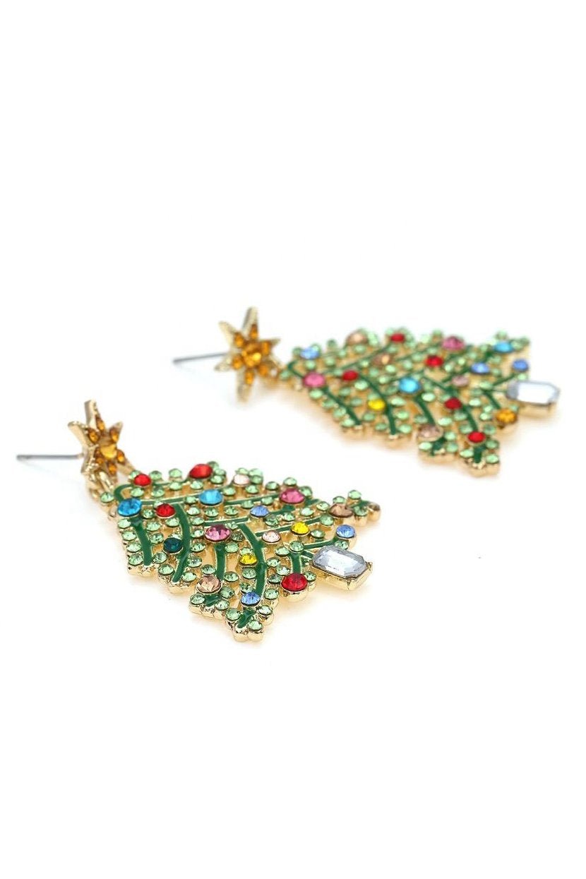 Pendientes colgantes con forma de árbol de Navidad y diamantes de imitación