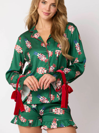 Green Satin Nutcracker Red Bow Pajama Set