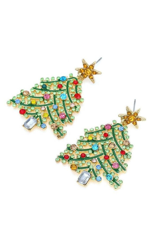 Pendientes colgantes con forma de árbol de Navidad y diamantes de imitación